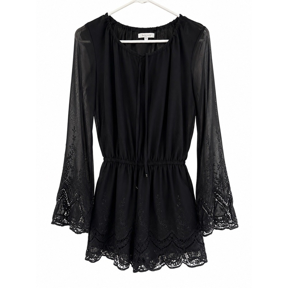 Lucy Paris Black Bell Sleeve Romper Sheer Lace Crochet Trim Women's Medium